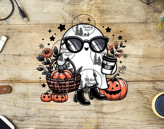 UVDTF Cute Happy Ghost with Sunglasses Crossing Legs Boots Coffee Pumpkins Flowers