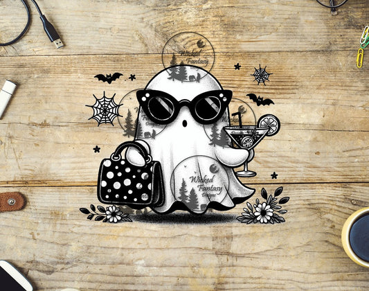 UVDTF Cute Surprised Ghost with Sunglasses Flowers Bag and Drink Stars