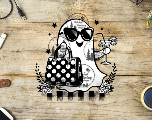 UVDTF Cute Ghost with Sunglasses Flowers Bag and Drink Stars