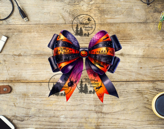 A decorative sticker with a Halloween theme, featuring a bow with orange, black, and purple colors, and various graphics including bats and pumpkins.