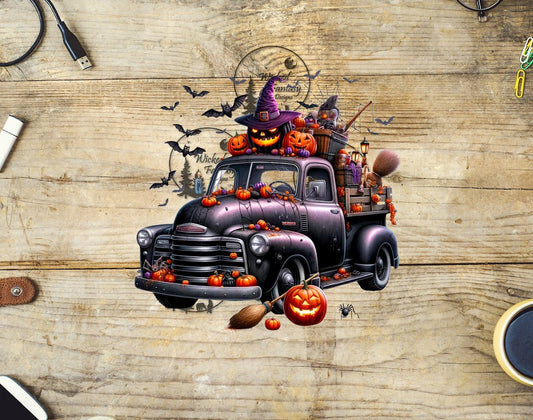 UVDTF Halloween Classic Car with Pumpkins Bats Witch Hat