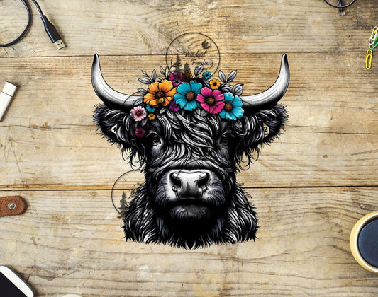 UVDTF Black and White Highland Cow With Colorful Flower Crown