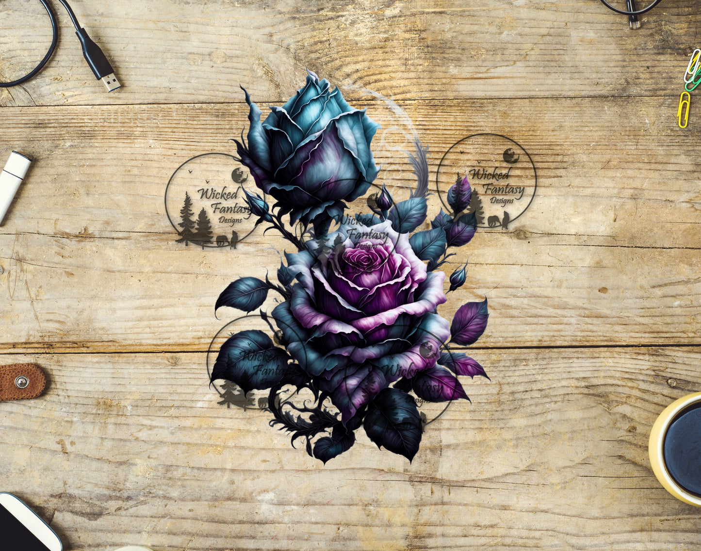 UVDTF Teal and Lavender Filagree Roses