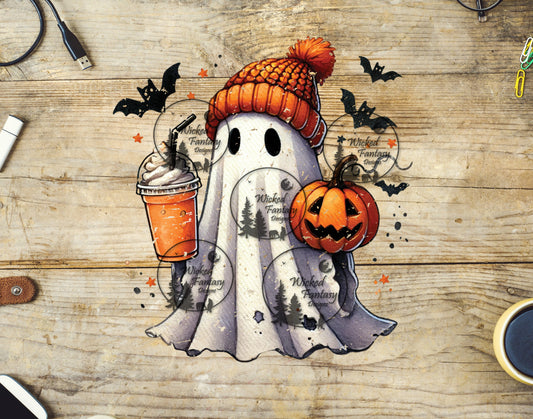 UVDTF Ghost with Beanie and Coffee Bats Jacko lantern