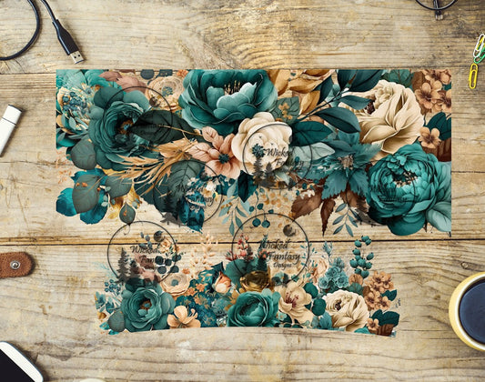 UVDTF Teal and Brown Peony Wrap Element 40oz 16oz