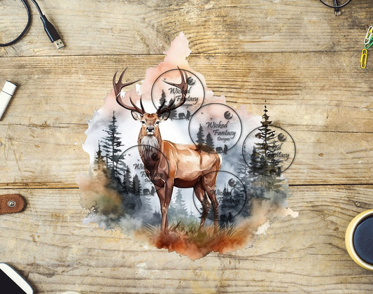 UVDTF Watercolor Deer with Forest Background