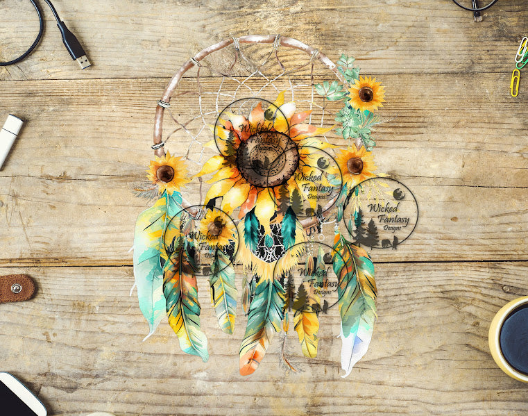 UVDTF Dreamcatcher Sunflowers Blue Yellow Feathers