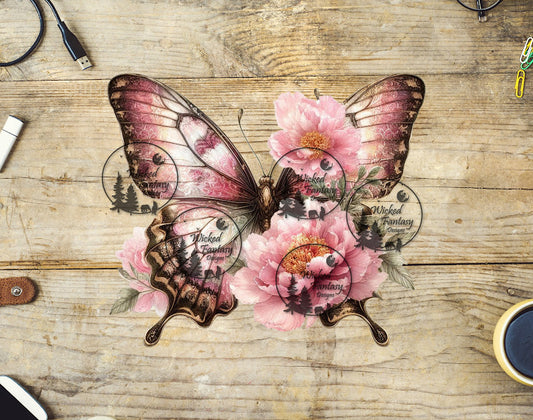 UVDTF Pink Butterfly With Pink Flowers