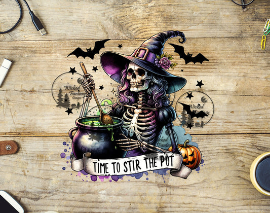 UVDTF Time to Stir the Pot Skeleton Witch Cauldron Brew Bats Pumpkin