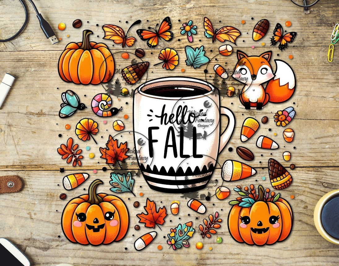 UVDTF Hello Fall Cute Jack O' Lanterns Coffee Mug and Elements 10"x10"