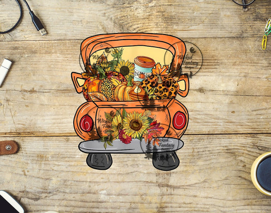 UVDTF Orange Vintage Truck with Pumpkins Sunflowers and Coffee