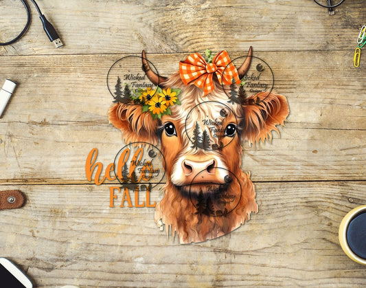 UVDTF Hello Fall Highland Cow with Orange Plaid Bow