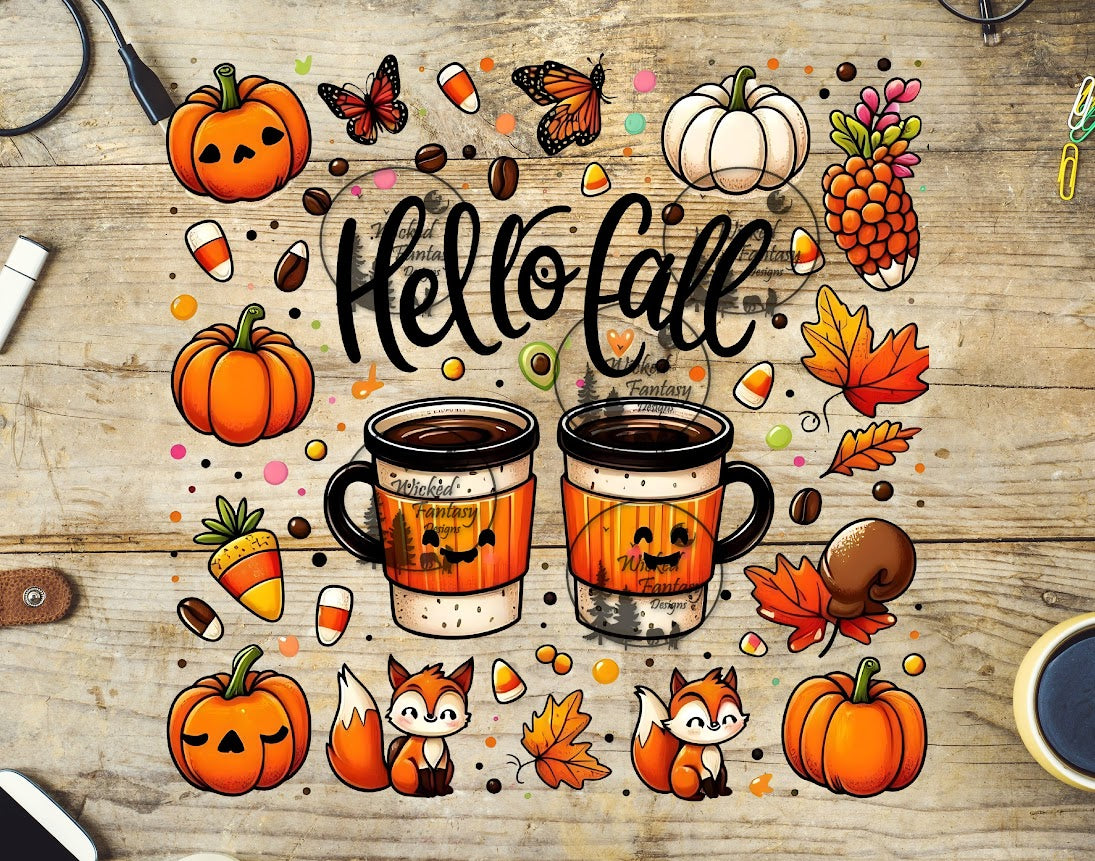 UVDTF Hello Fall Cute Foxes Pumpkins and Coffee Element 10"x10"