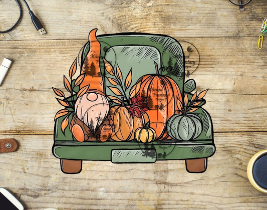 UVDTF Vintage Green Truck with Gnome and Pumpkins