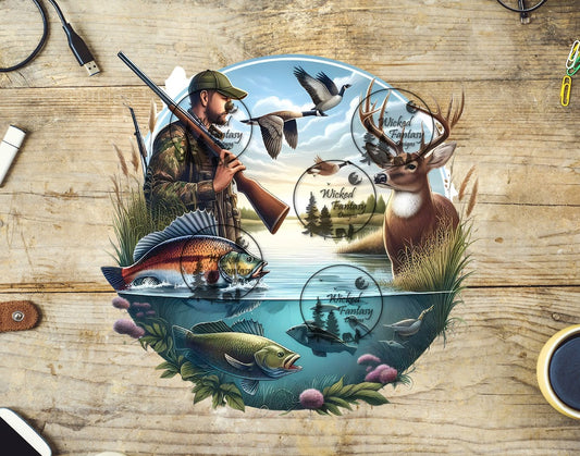 UVDTF Hunting and Fishing Deer, Ducks and Man in Camo