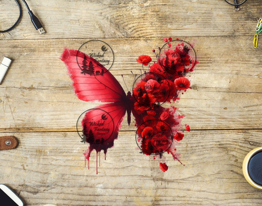 UVDTF Red Butterfly with Flowers