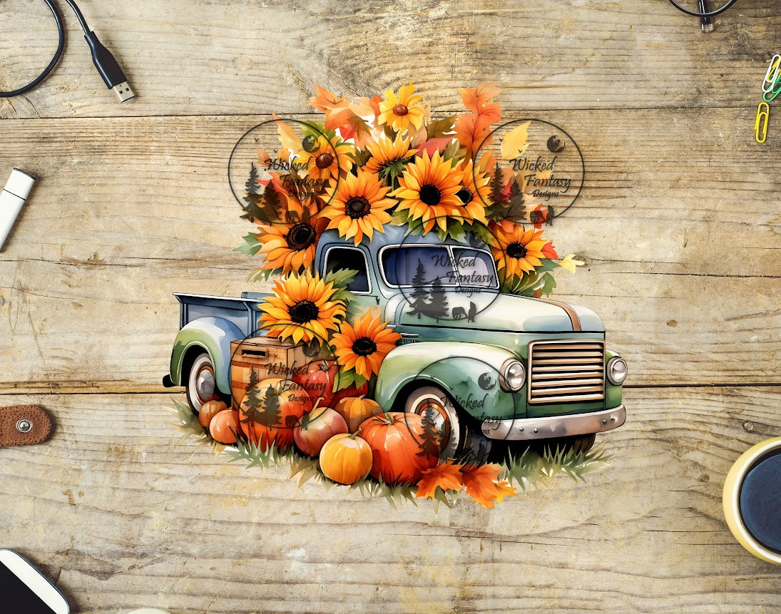 UVDTF Green Vintage Truck and Sunflowers