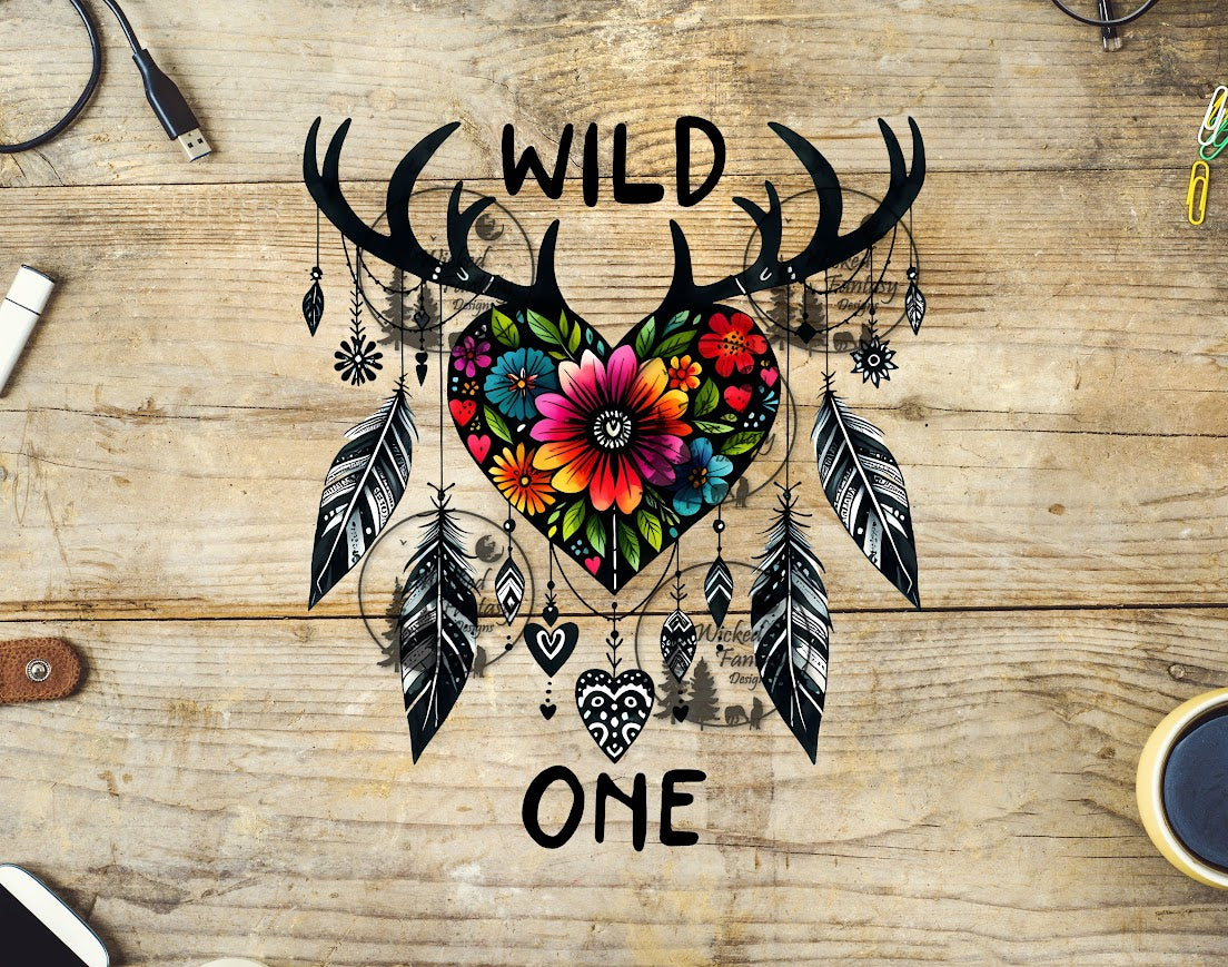 UVDTF Wild One Heart with Antlers and Feathers