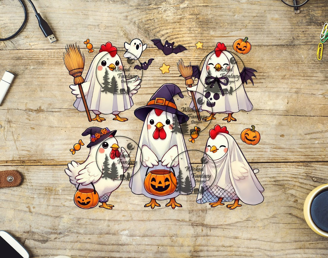 UVDTF Cute Ghost Chickens Trick or Treating