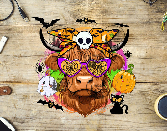 UVDTF Cute Halloween Highland Cow with Spider Web Glasses