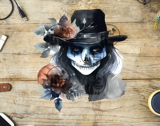 UVDTF Grunge Skeleton with Floral Hat