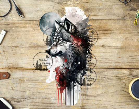 UVDTF Wolf with Moon Red and Black Paint Drips