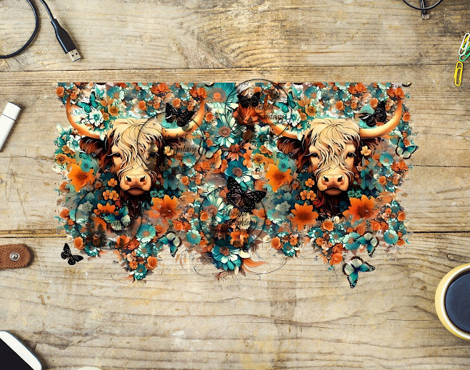 UVDTF Highland Cow with Teal and Rust Flowers 16oz 40oz Tumbler Wrap E ...