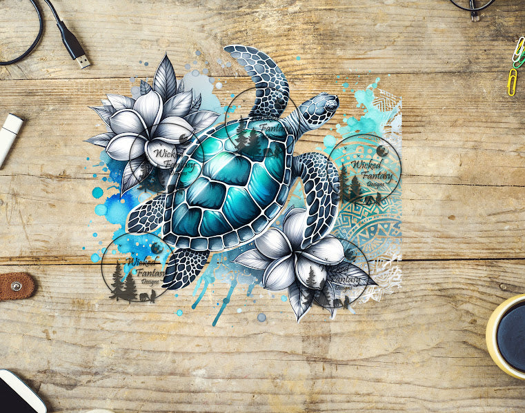 UVDTF Sea Turtle with White Flowers