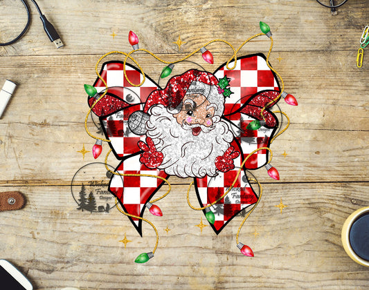 UVDTF Cartoon Christmas Jolly Santa Red White Checkered Bow