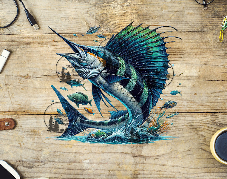 Wicked Fish Design UVDTF Sailfish flying out of water Coral Fish – Wicked Fantasy Designs