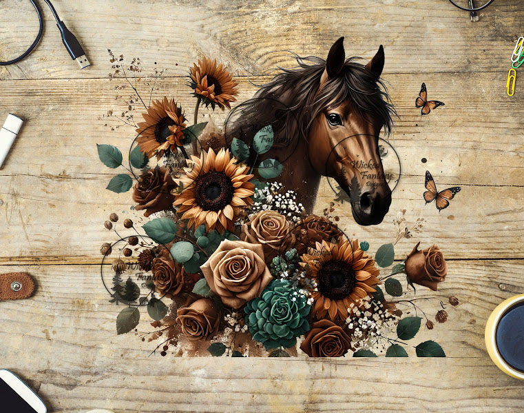 UVDTF Bay Horse with Brown Roses Butterflies Sunflowers