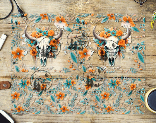 UVDTF Boho Cow Skull with Sparse Teal Rust Floral Wrap Element 40oz 16oz Multiple Sizes