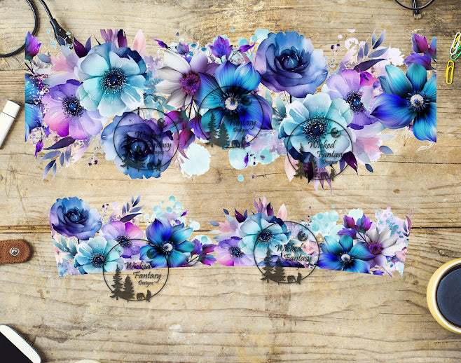 UVDTF Aqua Purple and Blue Floral Wrap Element 40oz 16oz Multiple Sizes