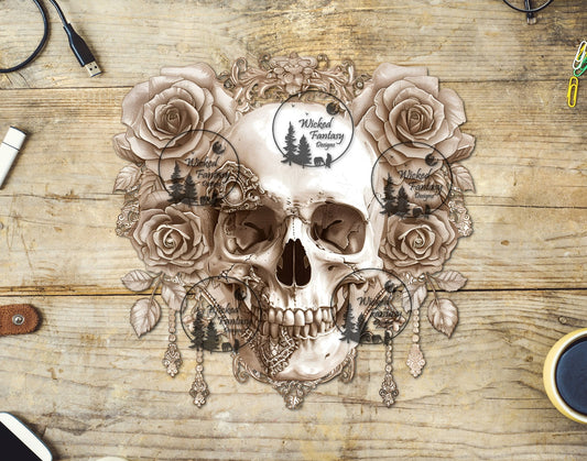 UVDTF Illustrated Skull with Ivory Roses and Jewels