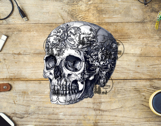 UVDTF Illustrated Skull with Floral Engraving