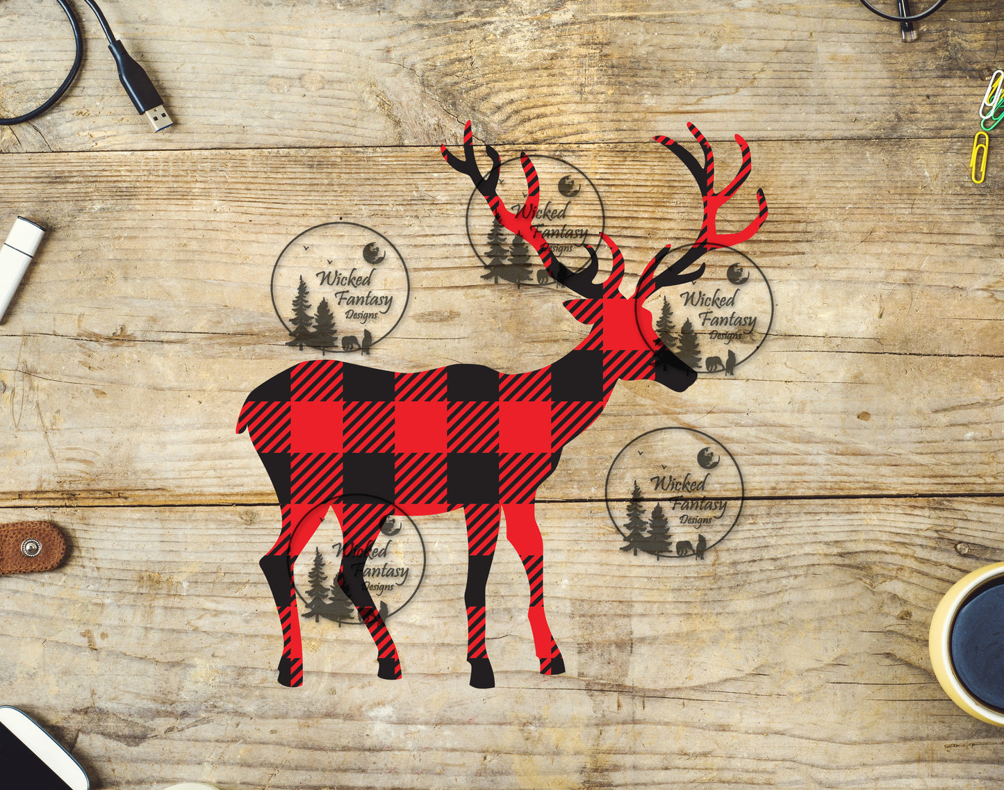 UVDTF Red Plaid Deer Silhouette