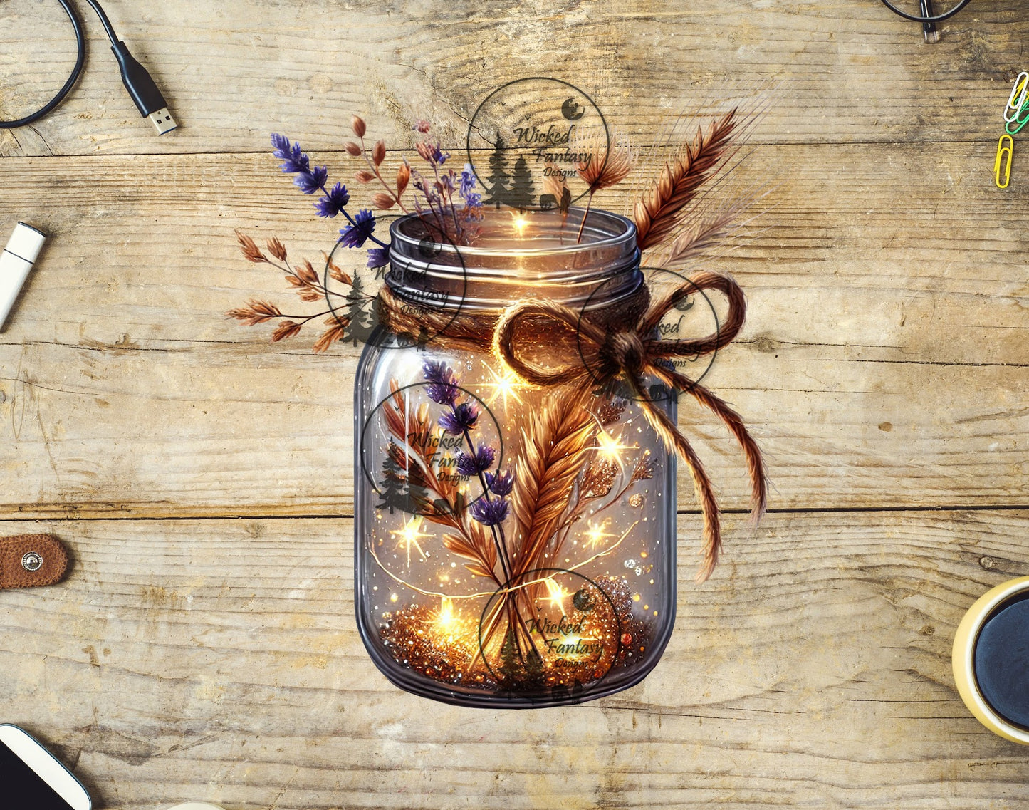 UVDTF Lighted Mason Jar with Lavender Sprig