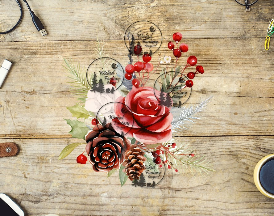 UVDTF Winter Red Rose Floral Arrangement