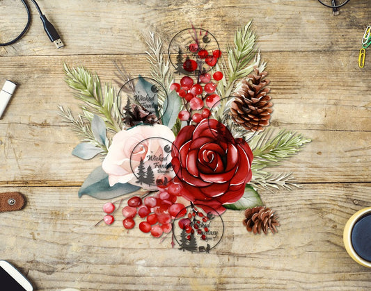 UVDTF Red Rose and Pinecone Floral Arrangement