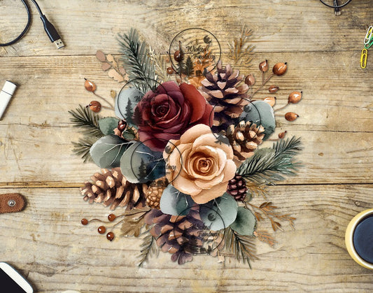 UVDTF Beige Rose and Pinecone Floral Arrangement