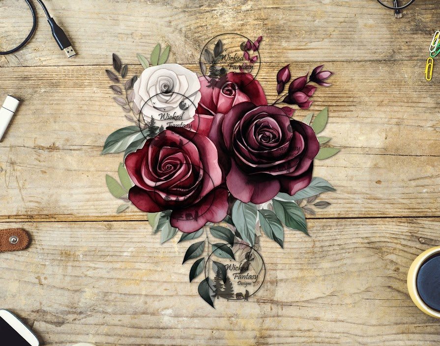 UVDTF Blush Burgundy and White Rose Floral Arrangement