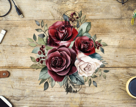 UVDTF Burgundy and White Rose Floral Arrangement