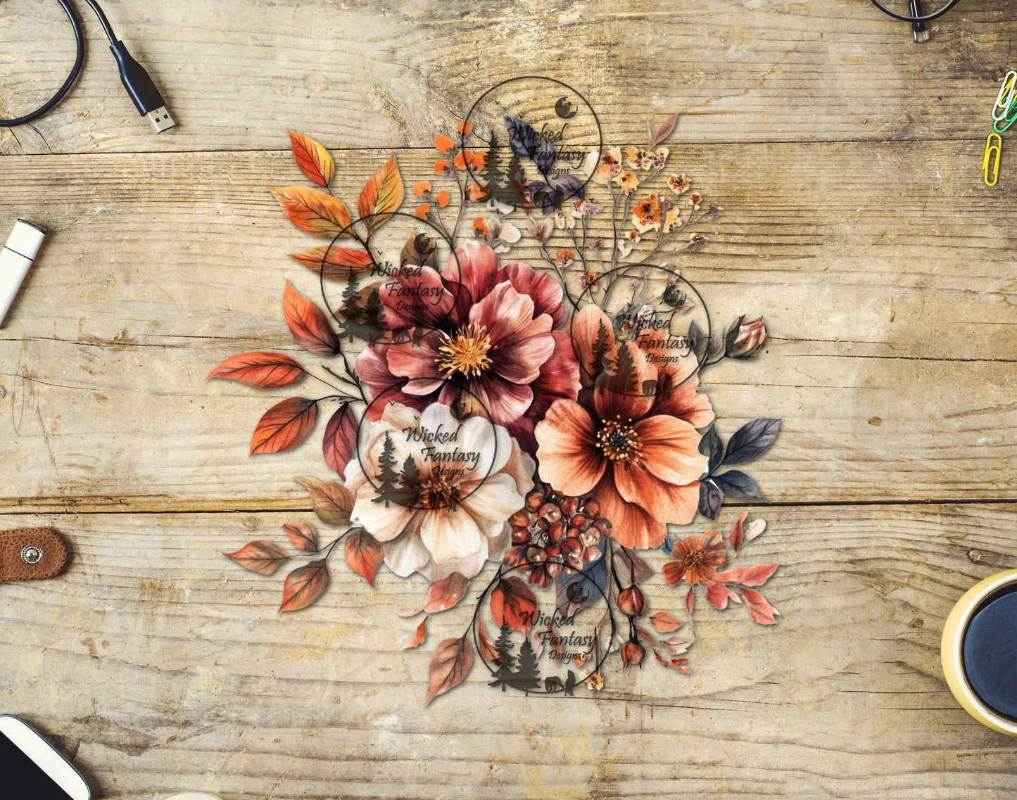 UVDTF Rust Sienna and Cream Flower Arrangement