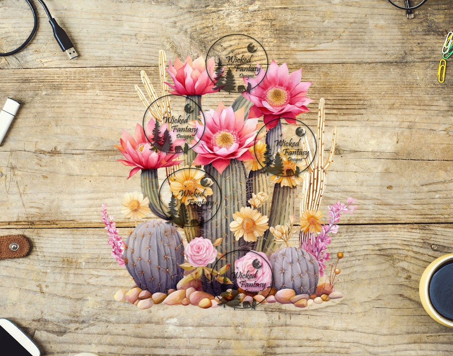 UVDTF Pink and Yellow Flowering Cactus