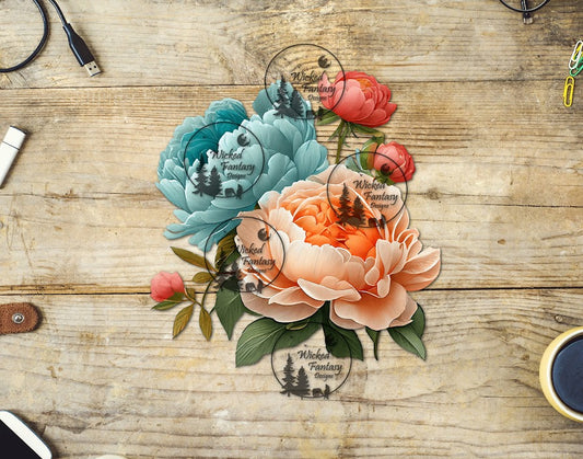 UVDTF Peach and Aqua Flower Arrangement