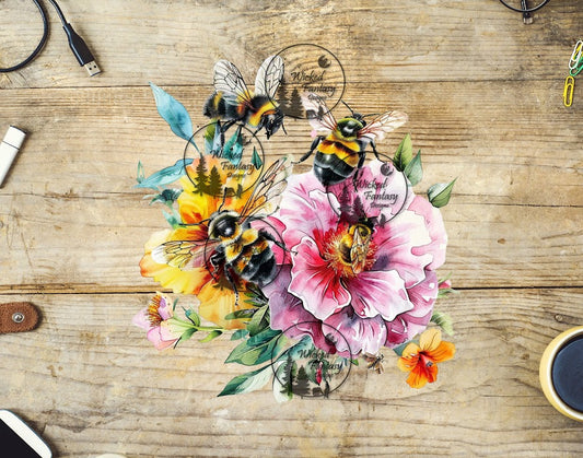 UVDTF Pink and Yellow Flowers with Honey Bees