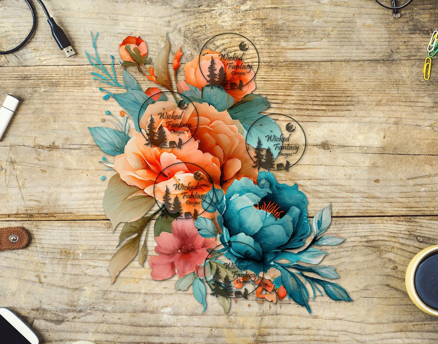 UVDTF Coral and Teal Flower Arrangement