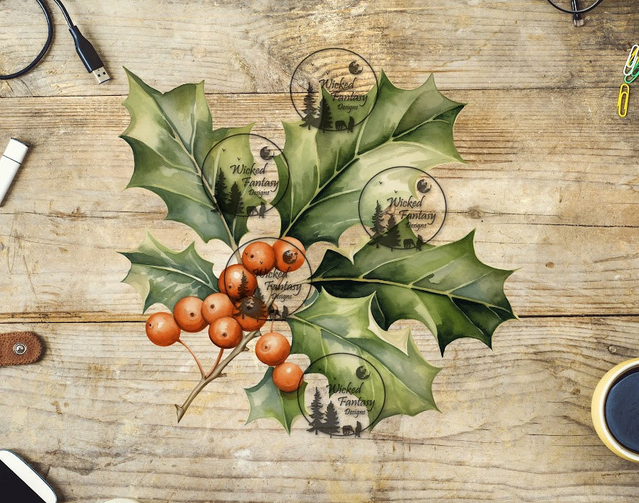 UVDTF Holly Berries and Leaves