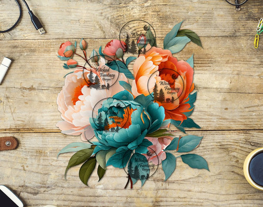 UVDTF Blush Orange and Teal Floral Arrangement