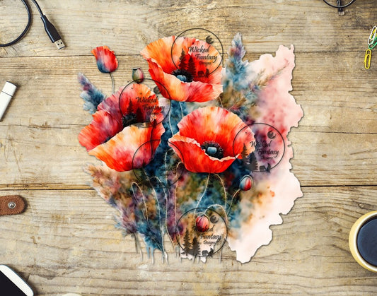 UVDTF Red Poppy Watercolor Flowers